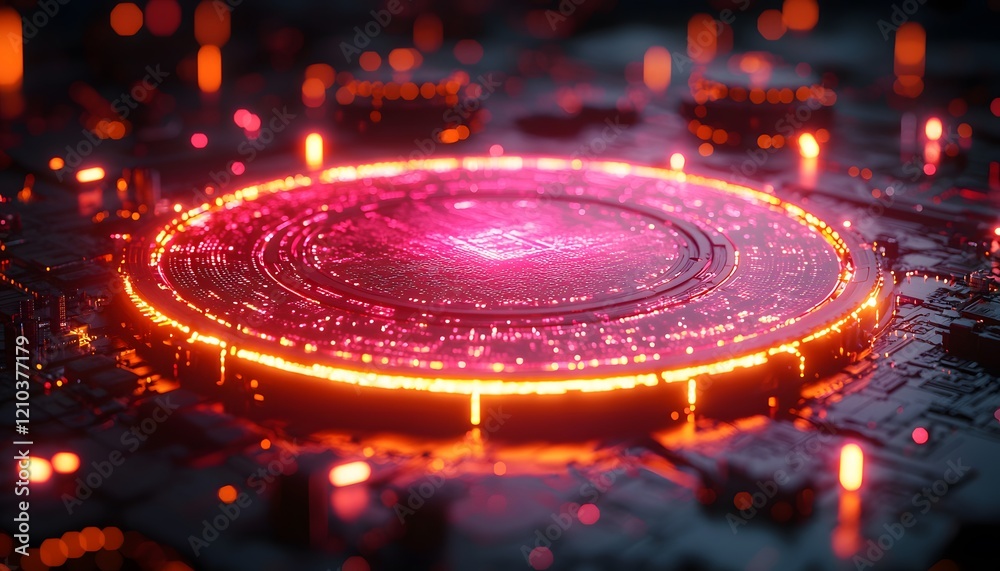 Poster Futuristic Digital Circuit Board with Glowing Neon Elements and Intricate Patterns Representing Advanced Technology and Innovation in a High-Tech Environment