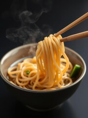 Close-up shot of chopsticks picking up a steaming hot noodle from a bowl on a sleek black background, black background, chopstick grab, delicious