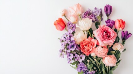 Obraz premium Colorful spring bouquet of tulips, roses, and other flowers on white background.