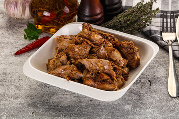 Shredded slow cooked pork meat