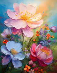 Oil painting of blooming flowers in dreamy garden. Spring season. Hand drawn artwork.