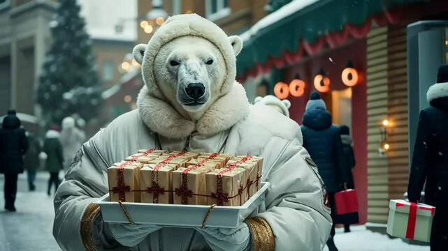 A majestic polar bear in a white suit and hat walks with a tray of Christmas gifts against a blurred background of a winter festive street. New Year, gift delivery, Christmas carnival.