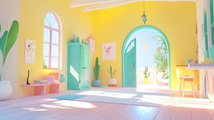 Fototapeta premium Open hall, clay material, minimalist style, cartoonishï¼ŒKawaiiï¼Œ3d icon,whait background, flat style, simple style, 3D rendering, a cute and lovely feeling, simple design, simple details