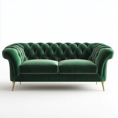 Fototapeta premium Elegant tufted velvet sofa in rich emerald green adds luxury to any living space or interior design project, isolated on a white background.