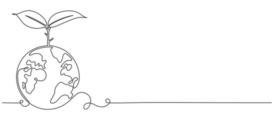 Earth globe with plant leaves line art style vector illustration