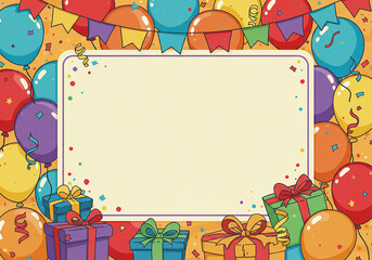 Festive Birthday Party Background Colorful Balloons Gifts and Blank Sign for Text