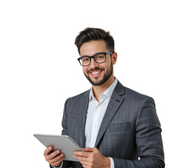 Handsome businessman using a tablet and working, isolated on transparent background
