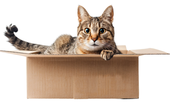 Adorable Cat Resting in a Simple Cardboard Box Isolated on transparent background PNG