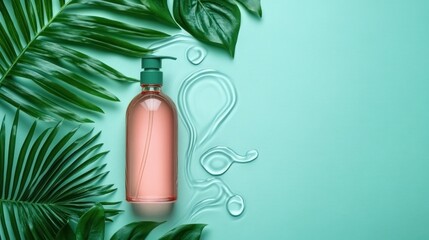 A pastel peach bottle lies on its side beside a gently curved green palm leaf, creating an organic and serene layout