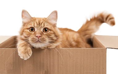 A Cat Sitting Comfortably Inside a Cardboard Box Isolated on transparent background PNG