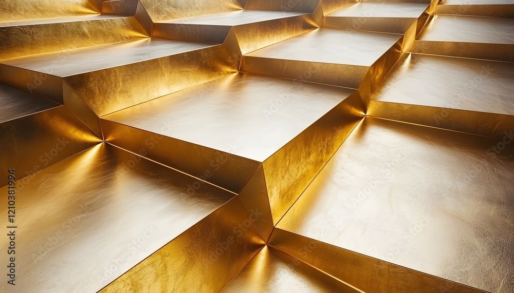 Poster Golden geometric surface with reflective textures and sharp edges, showcasing an abstract design with a luxurious and elegant appearance, perfect for backgrounds or artistic compositions.