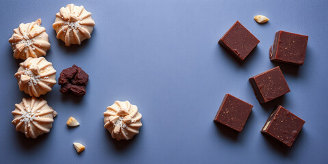 A variety of desserts are displayed on a purple background, including a chocolate cake and a banana split