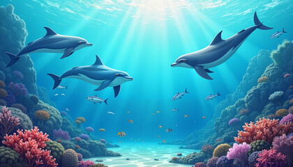 Fototapeta premium Dolphins Swimming Underwater in Clear Blue Ocean