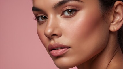 Fototapeta premium Beautiful close-up of a model with flawless skin and captivating eyes against a pink background