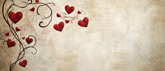 Hearts intertwined with vines on a textured beige backdrop.