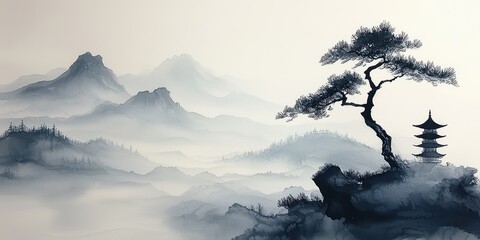 Misty mountain landscape traditional asian ink painting serene environment artistic viewpoint cultural concept
