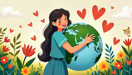 Girl Hugging the Earth Surrounded by Hearts and Flowers