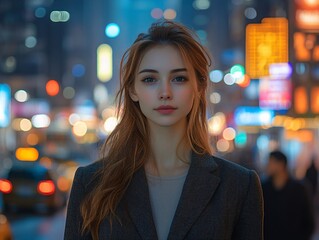 Obraz premium A confident woman with long hair stands on a city street, exuding elegance in a dark suit, with a blurred urban backdrop