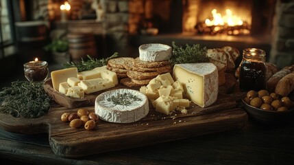 Fototapeta premium board filled with assorted cheeses stacked in an artful display, surrounded by gourmet accompaniments like olives