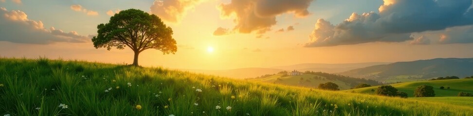 Obraz premium Sunrise illuminates small tree, panoramic view Lush green landscape Earth Day concept , photo, panorama