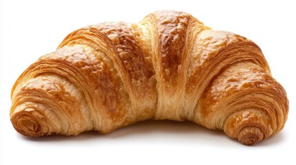 A freshly baked croissant with its golden, flaky layers and slightly curved shape, Each croissant’s vibrant color and subtle imperfections captured with precision