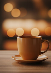 Fototapeta premium Warm Cozy Evening A Mug of Coffee on Wooden Table with Bokeh Lights