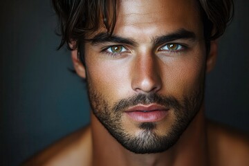 Obraz premium Muscular Man With Dark Brown Hair and Intense Gaze, Posing Against a Dark Background. Generative AI