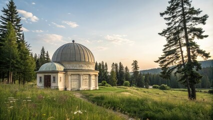 Domed structure amidst a stunning natural setting with an abundance of grass and trees, natural scenery, domed roof, natural wonders, panoramic vistas