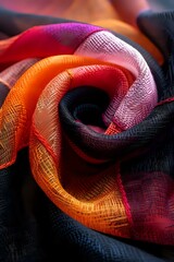 silk fabric swirl in vibrant orange, red and black colors creating dramatic curves and textures, perfect for luxury fashion and textile design backgrounds.