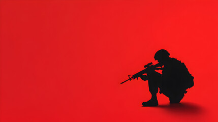 A silhouette of a soldier crouched behind cover, symbolizing strategy and stealth. Soldier crouched minimalist.


