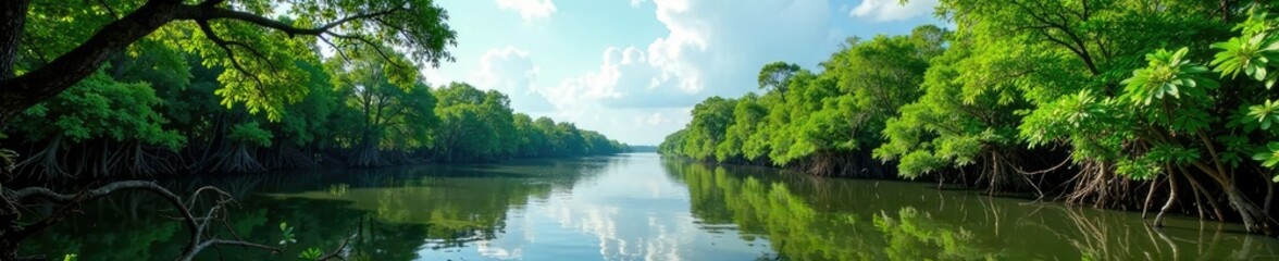 Obraz premium Dense mangrove forest along the shoreline of the Strait of Magdalena River, mangroves, wildlife