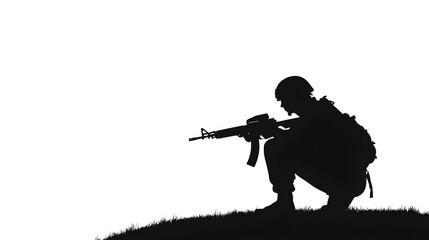 A silhouette of a soldier crouched behind cover, symbolizing strategy and stealth. Soldier crouched minimalist.


