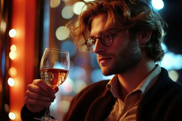Young handsome man holding a glass of wine, indoors.