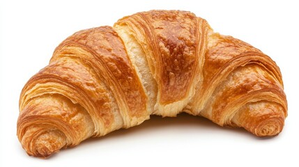 A freshly baked croissant with its golden, flaky layers and slightly curved shape, Each croissant’s vibrant color and subtle imperfections captured with precision