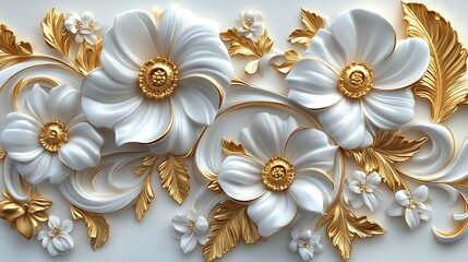 3D wallpaper with a white and gold floral background