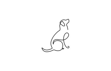One continuous line drawing of a retriever dog sitting and relaxing, Cute dog drawn vector objects. The dog is sitting on the floor. Cute dog one line art. Vector illustration.
