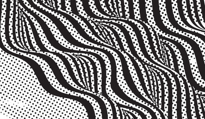 Abstract Black and White Pattern with Wavy Lines and Polka Dots Creating a Dynamic and Slightly Optical Illusion Effect