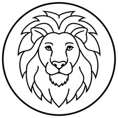 Lion Head in Circle Line Art Vector Illustration and Logo Outline Drawing