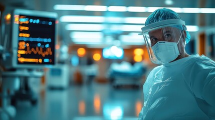 Medical Professional in Protective Gear Inside a Modern Hospital ICU