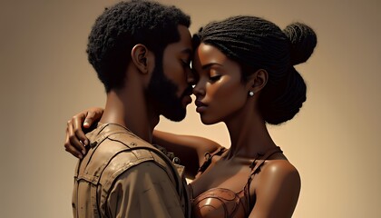 A tender embrace between a loving African American couple, bathed in warm golden light.  Their intimacy and affection are palpable, creating a sensual and romantic mood. This digital illustration capt