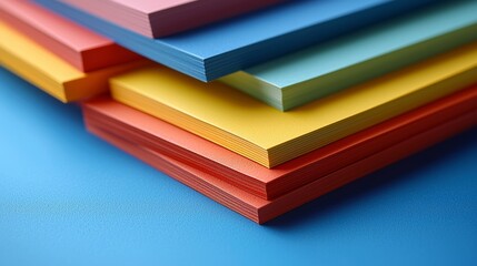 realistic image Multicolored stationery, yellow, green, red, blue, on a bright blue background 4k 