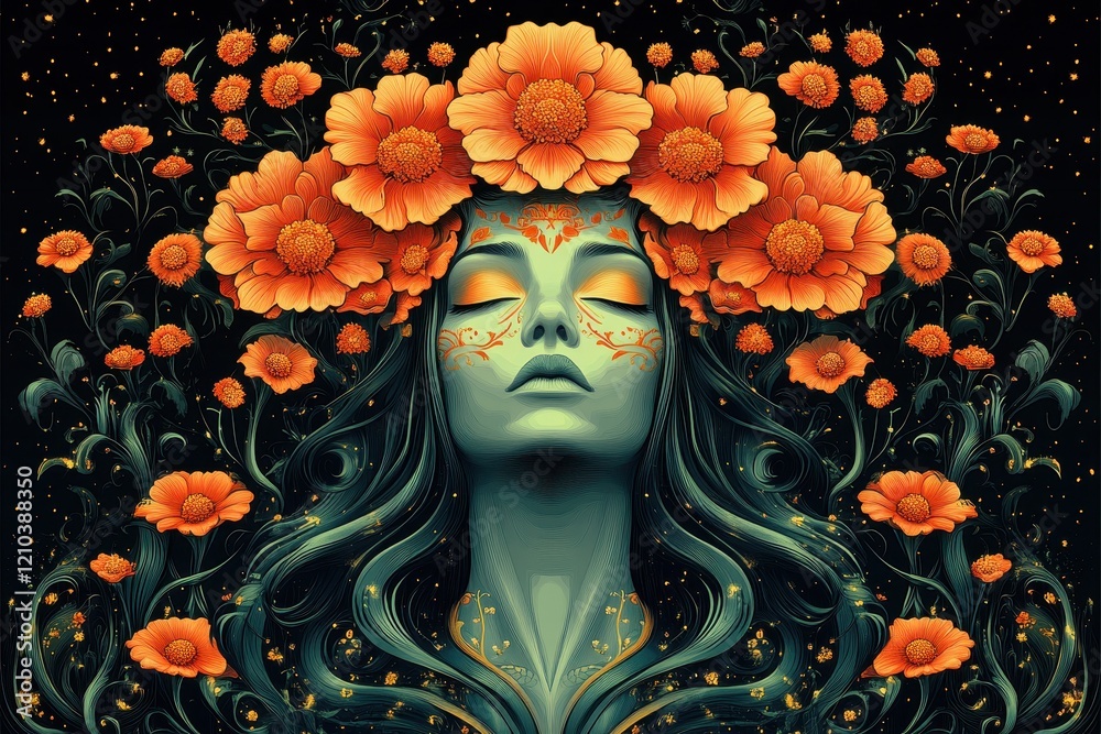 Wall mural A serene female figure adorned with vibrant flowers against a dark background.