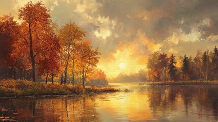 Autumn landscape painting depicting sunset over a calm lake with vibrant trees