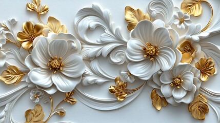 3D wallpaper with a white and gold floral background