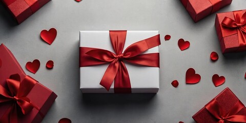 Festive red gifts surrounding a beautifully wrapped white present with a red ribbon and heart-shaped decorations