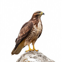 a robust buzzard isolated on a white background, perched on a rock 