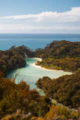 View onto lagoon of Frenchman Bay next to Torrent Bay in Abel Tasman National Park with crystal clear water (South Island, New Zealand)