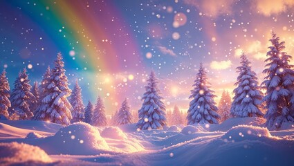 Snowy Forest Scene with Rainbow Colorful Sky and Falling Snow Peaceful Winter Landscape