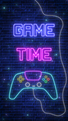 game time console game joystick, neon lights on brick wall online game and e sport vertical social media background	