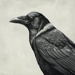 A black and white drawing of a crow, showcasing its sleek feathers, sharp beak, and intelligent eyes against a minimal background.